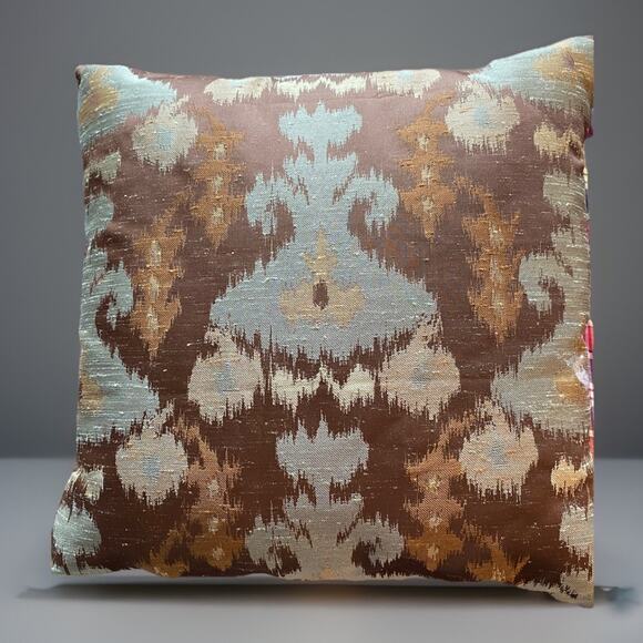 Pair Aqua Tan Brown Slub Silky Ikat Throw Fiberfill Pillows Home Decor 17”x 17” - Picture 1 of 5